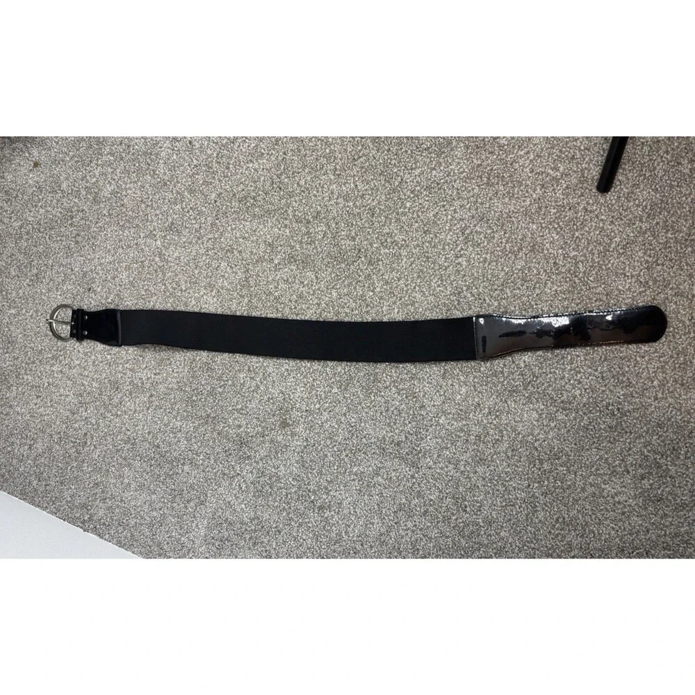 Black Stretch Belt Wide Elastic Patent Faux Leather Silver Buckle